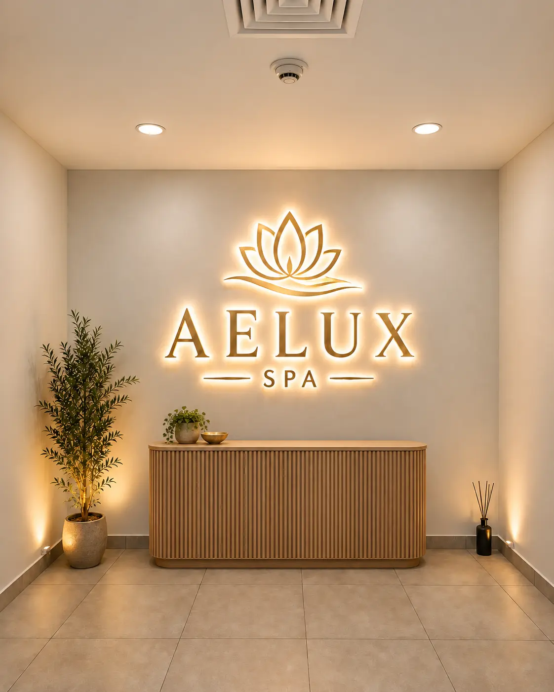 Recepción de Aelux Spa con ambientación cálida